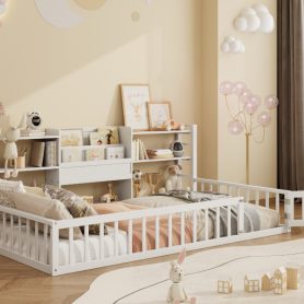 Twin Size Floor Fence Bed Frame with Bookcase and 3-Tier Storage Shelves