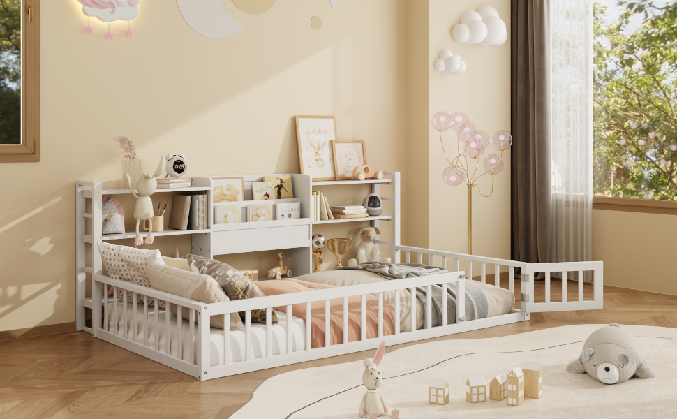 Twin Size Floor Fence Bed Frame with Bookcase and 3-Tier Storage Shelves