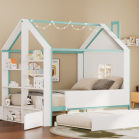 Full Size House Bed Frame with Pull-Out Trundle, Tail End Storage Shelves and Cool White LED Lights