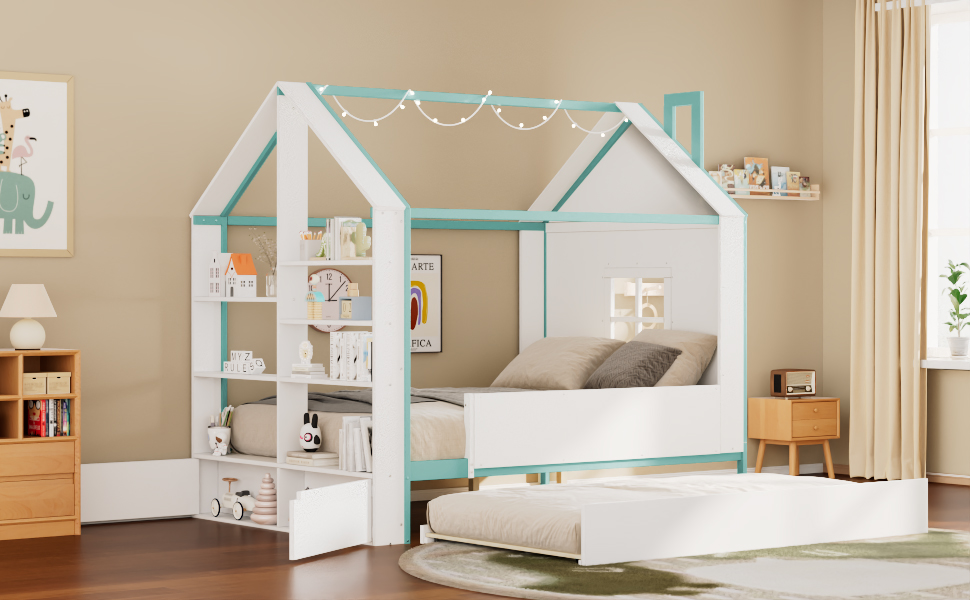Full Size House Bed Frame with Pull-Out Trundle, Tail End Storage Shelves and Cool White LED Lights