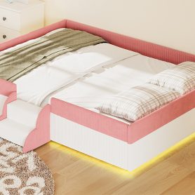 Queen Size Upholstered Floor Bed with Fence, 2-Tier Steps and Smart LED Lights