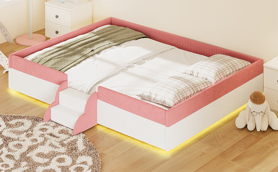 Queen Size Upholstered Floor Bed with Fence, 2-Tier Steps and Smart LED Lights