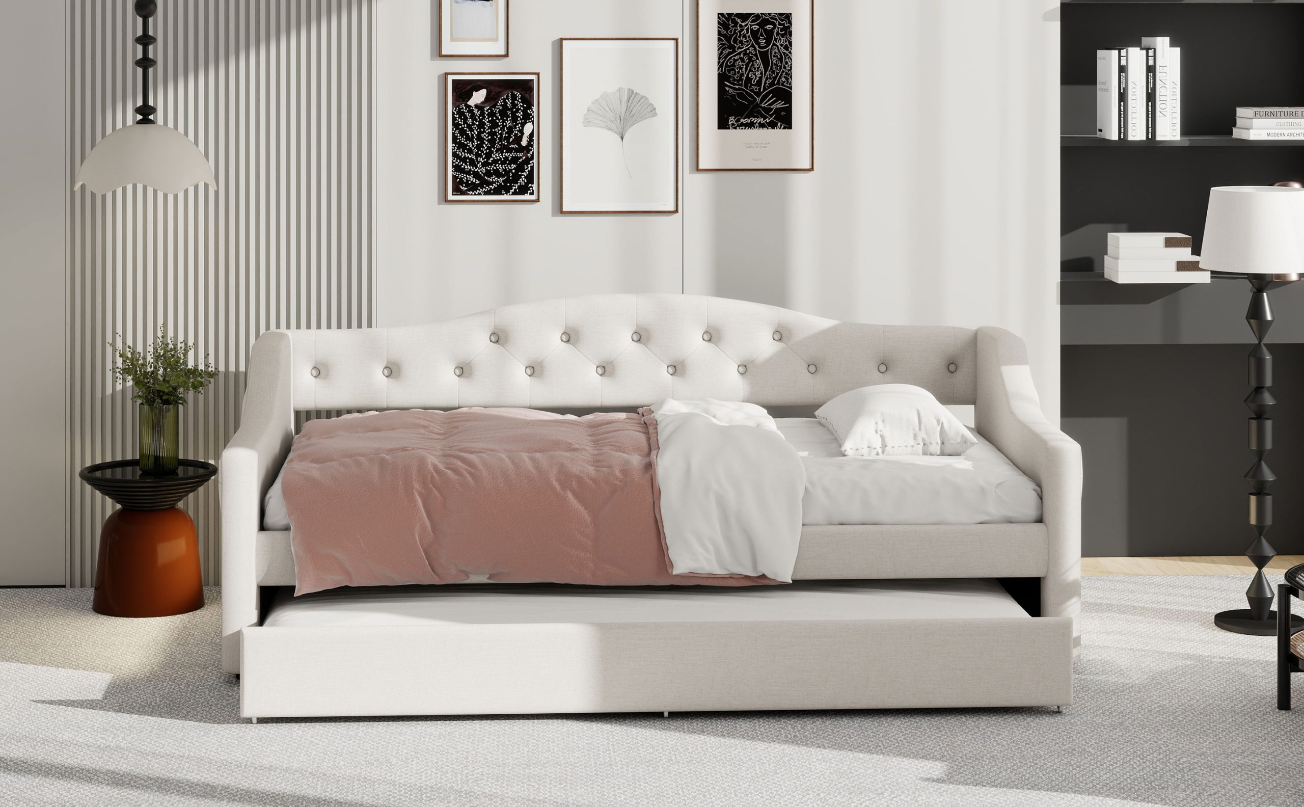 Upholstered Twin XL Size Daybed with LED Belt and Trundle