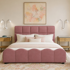 Full Size Fully Upholstered Velvet Platform Bed Frame With Tall Panel Headboard