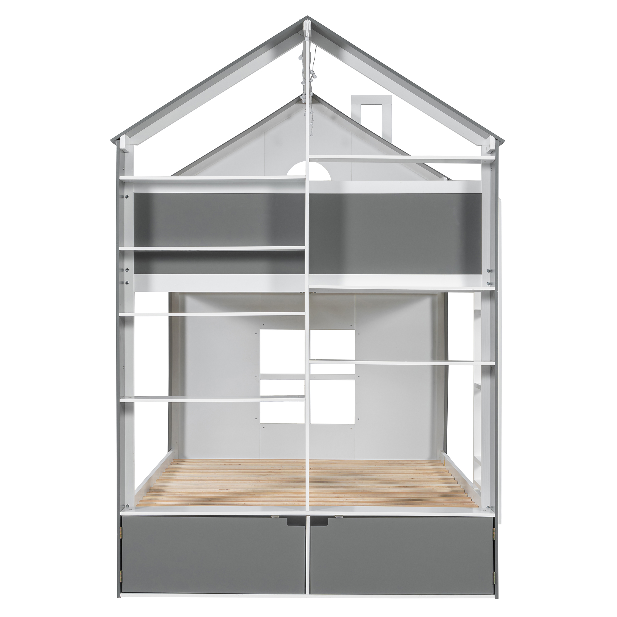 Full Size Bunk Bed with Storage Drawers, Shelves and Light Strip