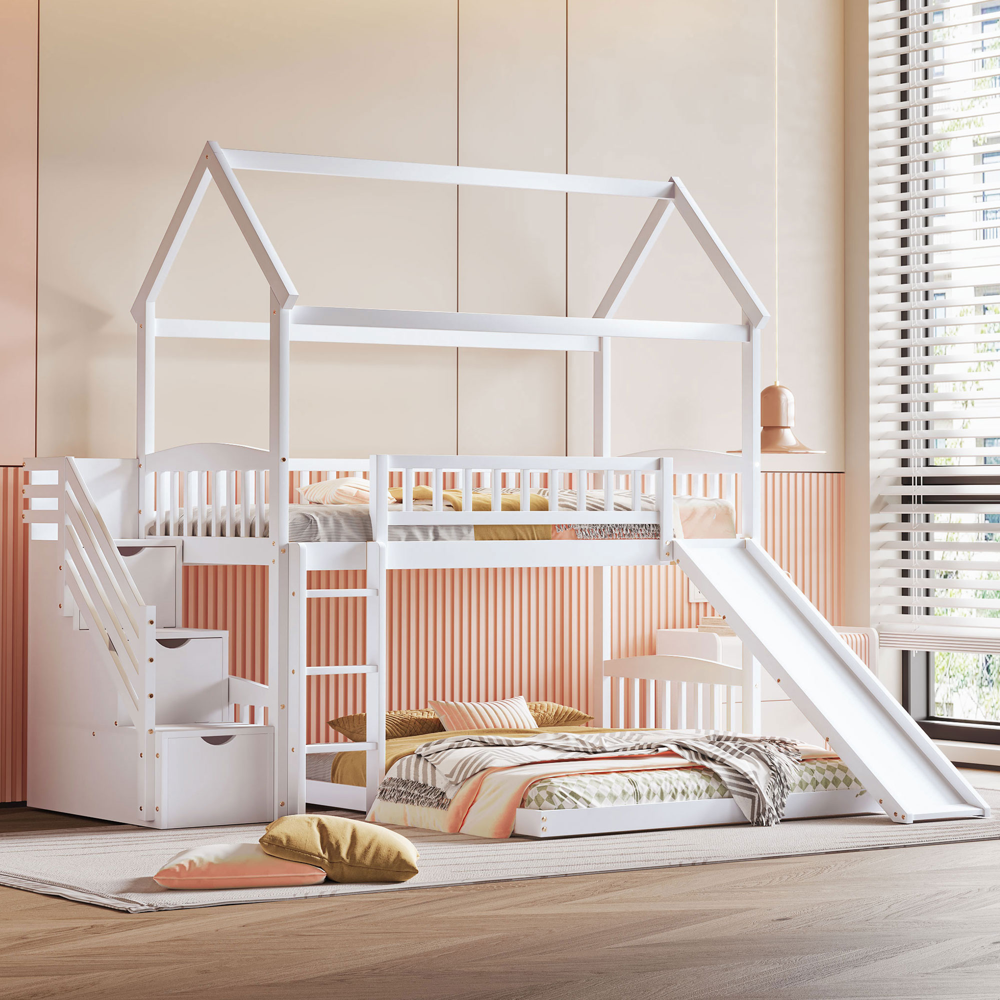 House Shape Twin Over Twin Bunk Bed With Two Drawers, Staircase And Slide