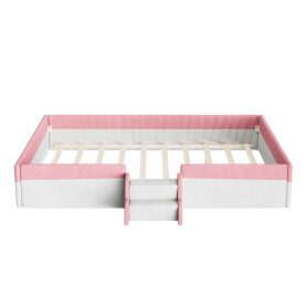 Queen Size Upholstered Floor Bed with Fence, 2-Tier Steps and Smart LED Lights