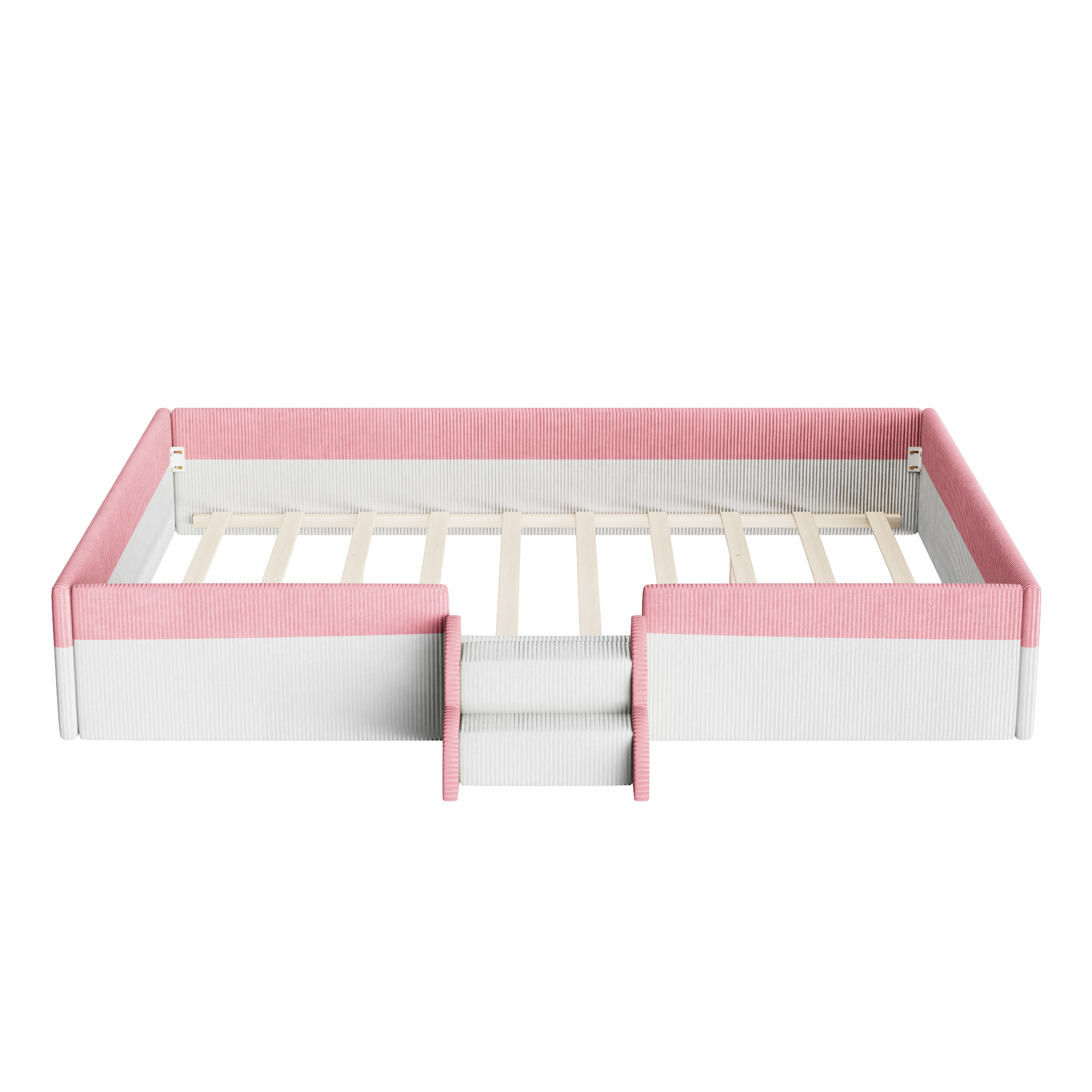 Queen Size Upholstered Floor Bed with Fence, 2-Tier Steps and Smart LED Lights