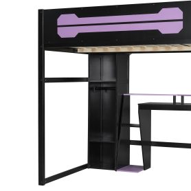 Full-Size Wooden Gaming Loft Bed with Desk and Storage, RGB LED Light, USB Charging Station