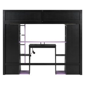 Full-Size Wooden Gaming Loft Bed with Desk and Storage, RGB LED Light, USB Charging Station