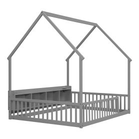 Full House Floor Bed with Storage Shelves, Built-in LED Lights & Charging Station
