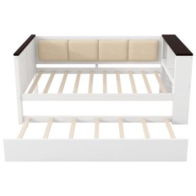 Full Size Wood Daybed with Storage Shelves, Upholstered Backrest, USB and Trundle