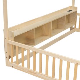 Twin House Floor Bed with Storage Shelves, Built-in LED Lights & Charging Station