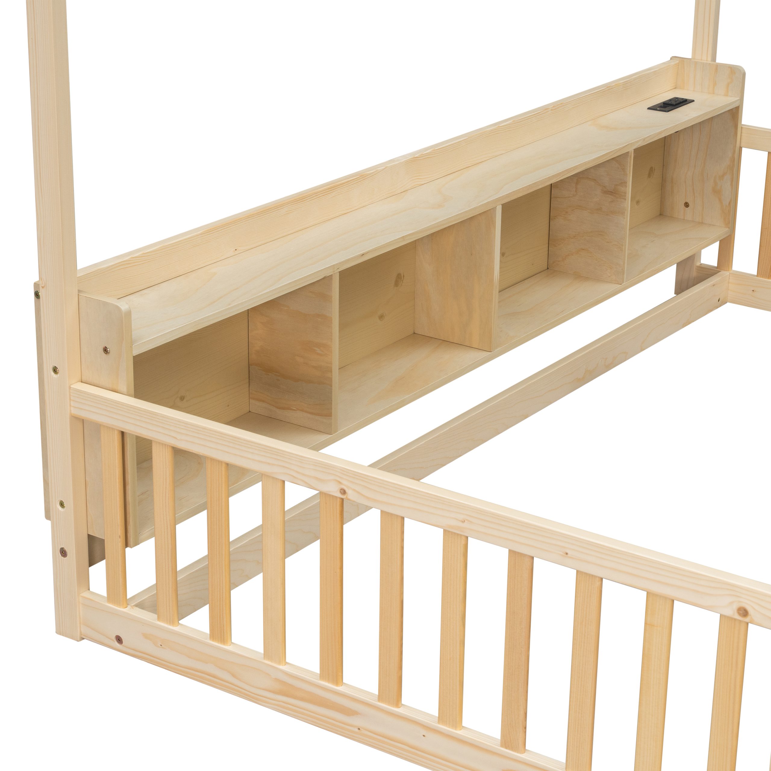Twin House Floor Bed with Storage Shelves, Built-in LED Lights & Charging Station