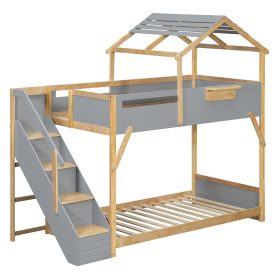 Twin over Twin House Bunk Bed with Stairs and 3-Color LED Lights