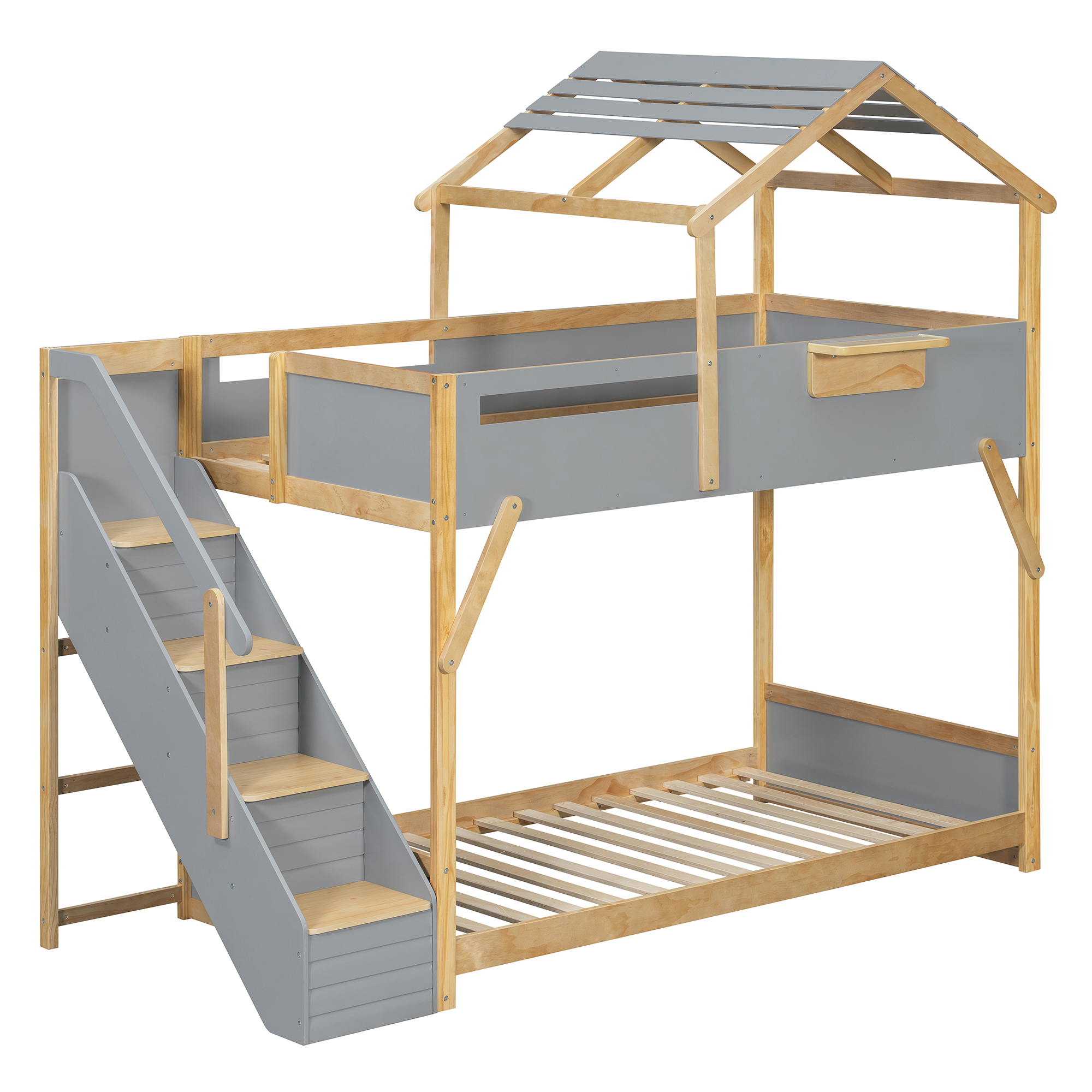 Twin over Twin House Bunk Bed with Stairs and 3-Color LED Lights
