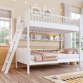Twin Size Wooden Bunk Bed with 3 Storage Shelves, Ladder can be Changed Left or Right
