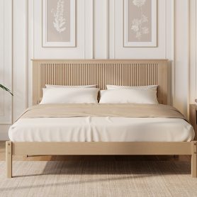 Queen Size Solid Rubber Wood Bed with Wave-Styled Headboard