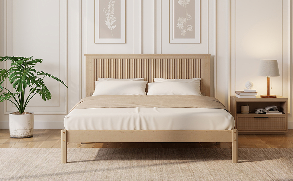 Queen Size Solid Rubber Wood Bed with Wave-Styled Headboard
