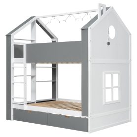 Full Size Bunk Bed with Storage Drawers, Shelves and Light Strip