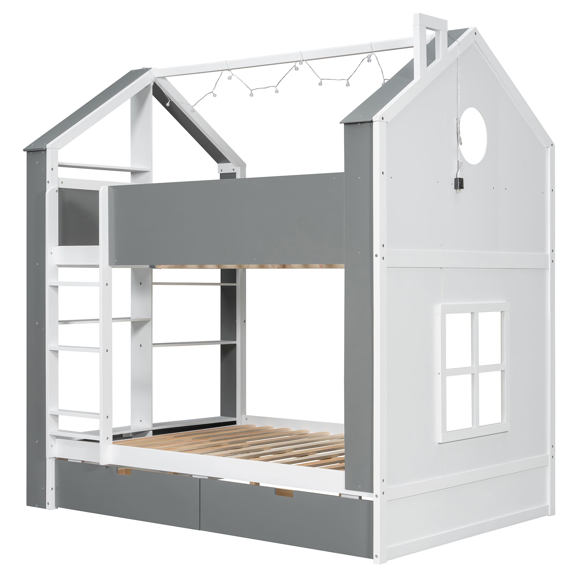Full Size Bunk Bed with Storage Drawers, Shelves and Light Strip