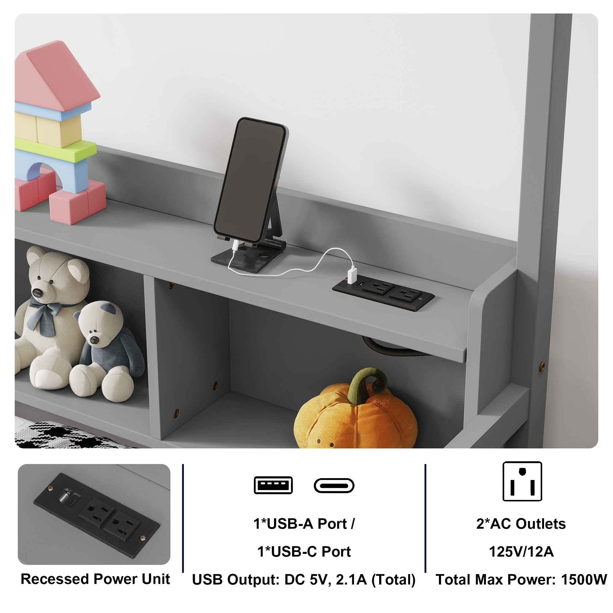 Full House Floor Bed with Storage Shelves, Built-in LED Lights & Charging Station