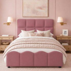 Twin Size Fully Upholstered Velvet Platform Bed Frame With Tall Panel Headboard