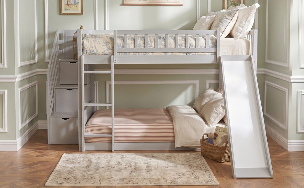 Stairway Full Over Full Bunk Bed With Three Drawers And Slide