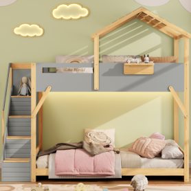 Twin over Twin House Bunk Bed with Stairs and 3-Color LED Lights