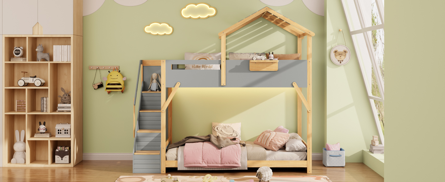 Twin over Twin House Bunk Bed with Stairs and 3-Color LED Lights