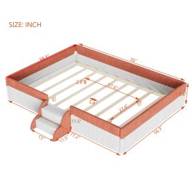 Full Size Upholstered Floor Bed with Fence, 2-Tier Steps and Smart LED Lights