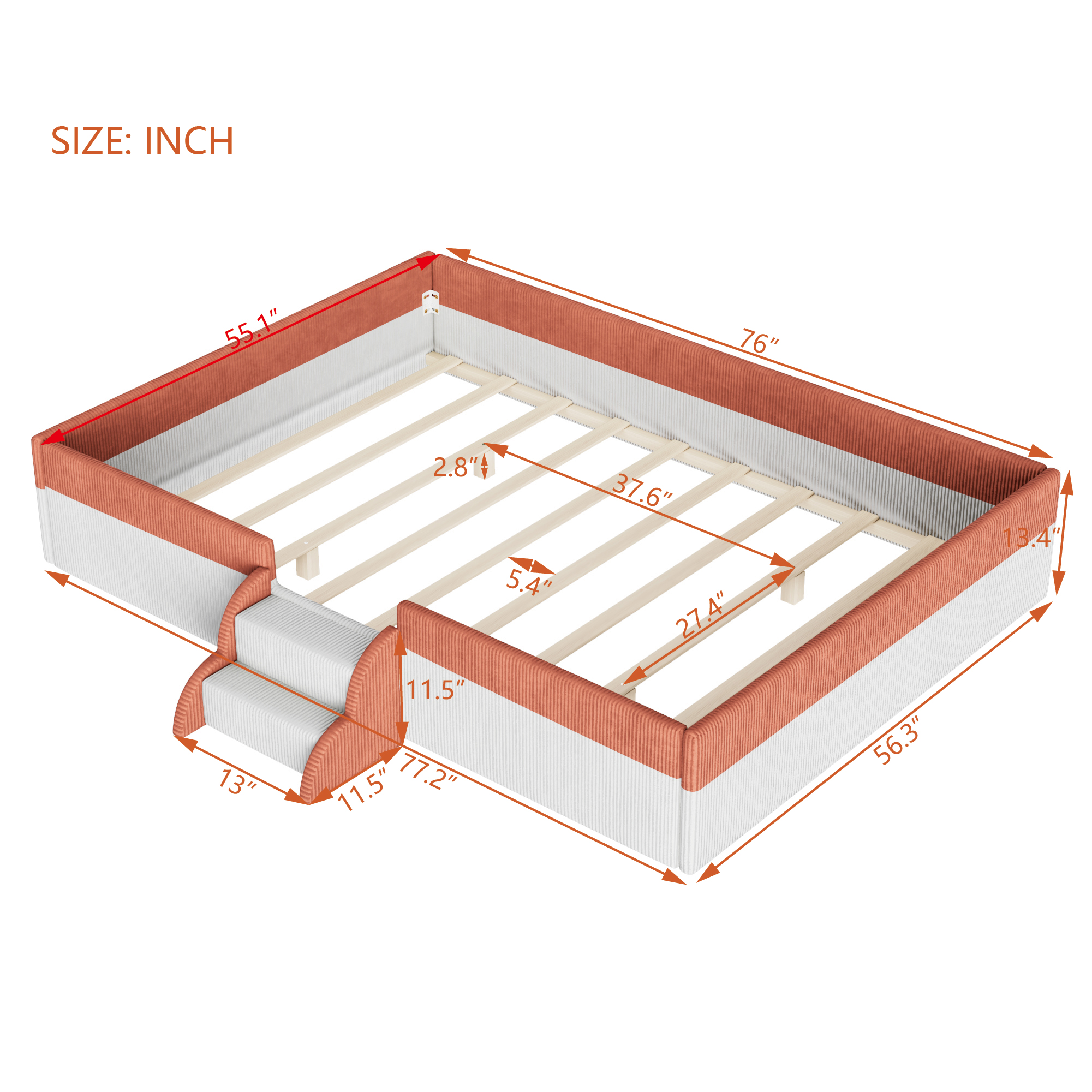 Full Size Upholstered Floor Bed with Fence, 2-Tier Steps and Smart LED Lights
