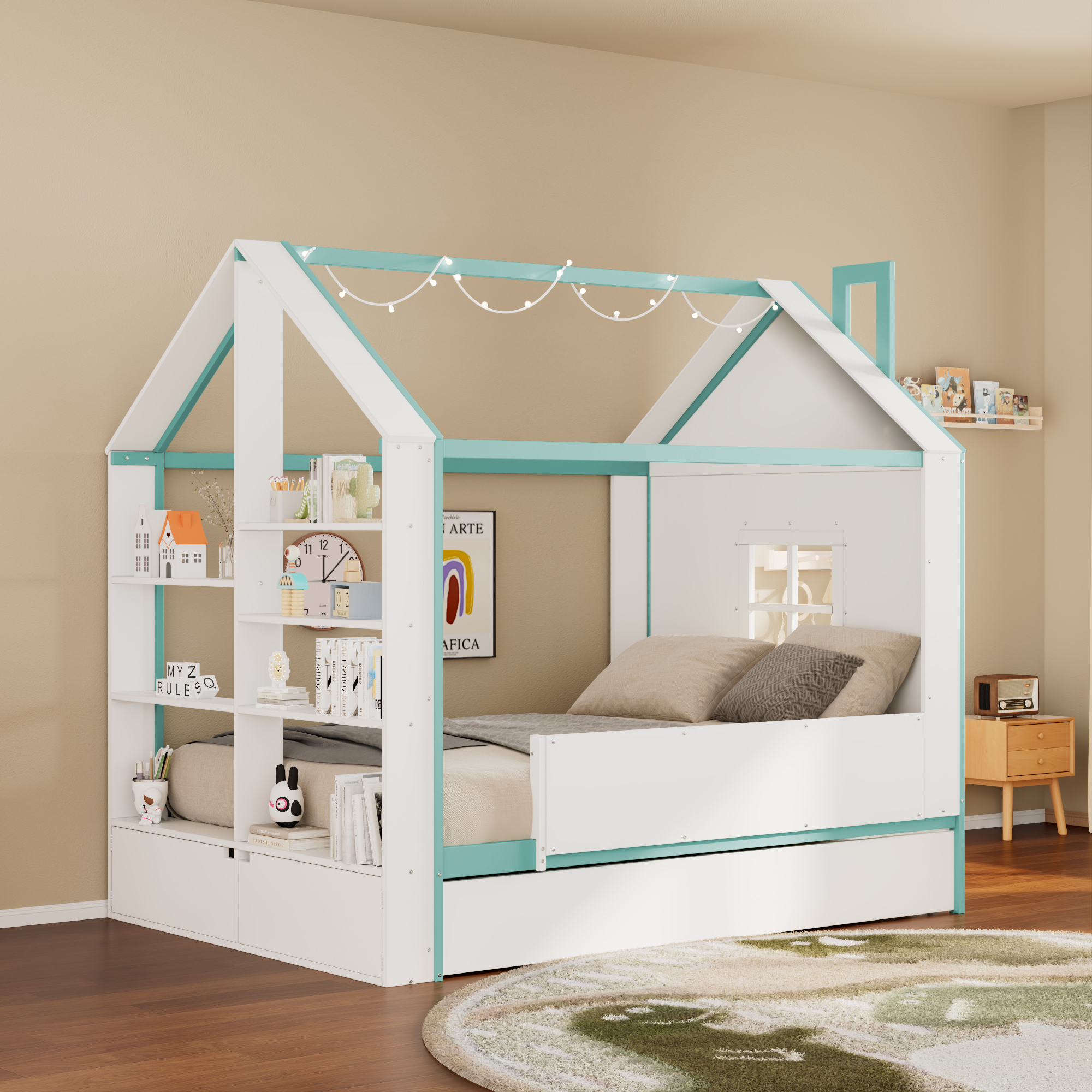 Full Size House Bed Frame with Pull-Out Trundle, Tail End Storage Shelves and Cool White LED Lights