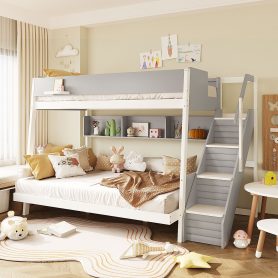 Full XL over Queen Bunk Bed with Striped-Design Staircase and Side Shelves