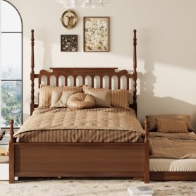 Queen Size Platform Bed Frame with Twin XL Trundle and 2 Storage Drawers