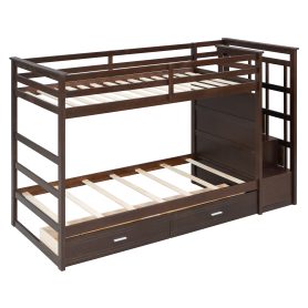 Twin Over Twin Bunk Bed with 2 Drawers and Staircase