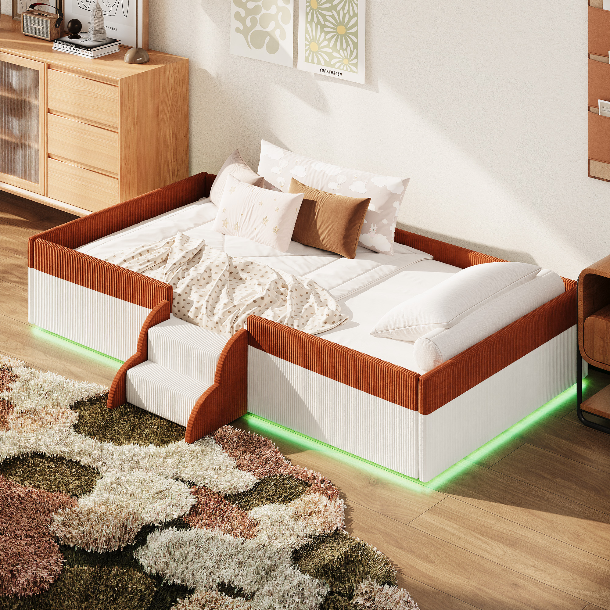Twin Size Upholstered Floor Bed with Fence, 2-Tier Steps and Smart LED Lights