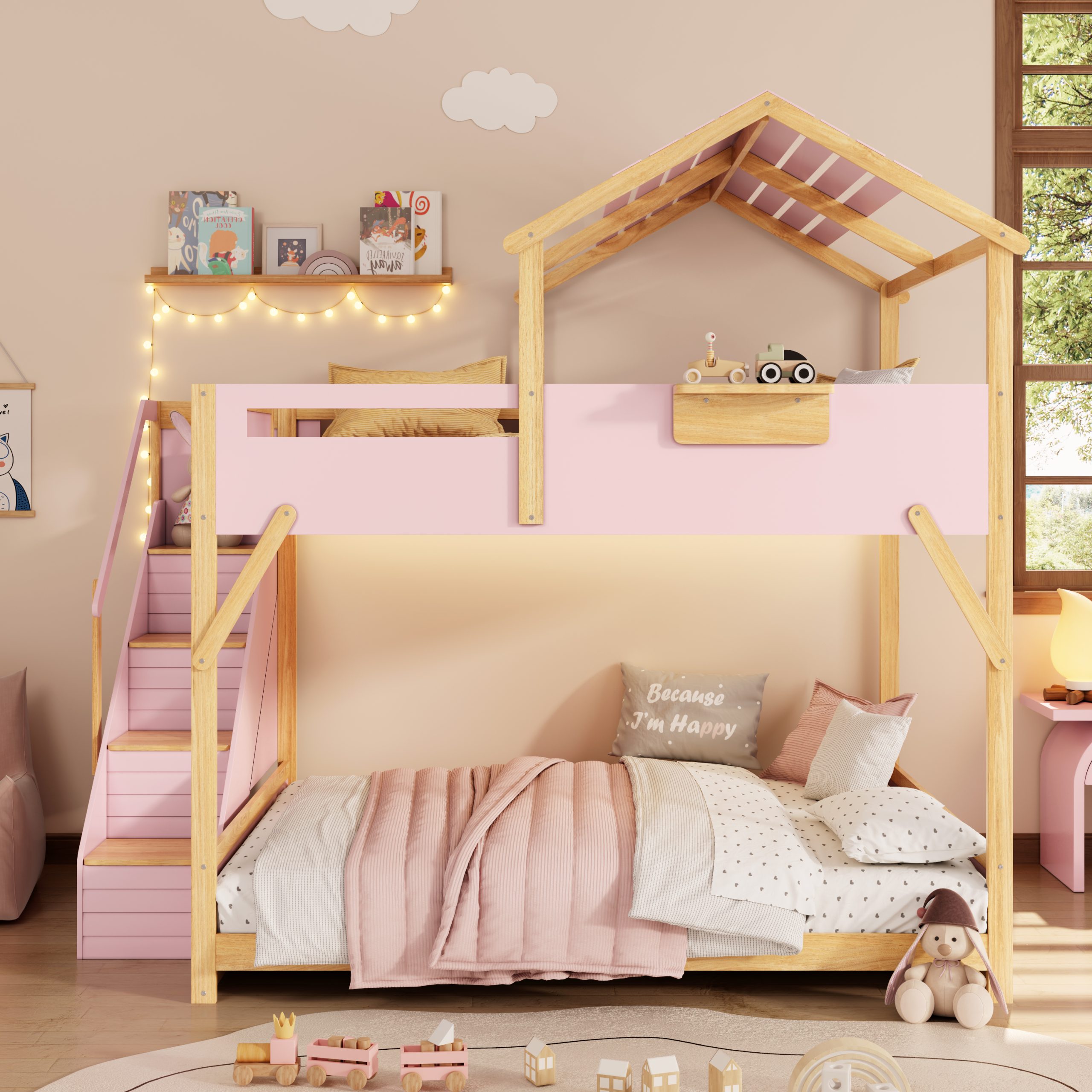 Full over Full House Bunk Bed with Stairs and 3-Color LED Lights