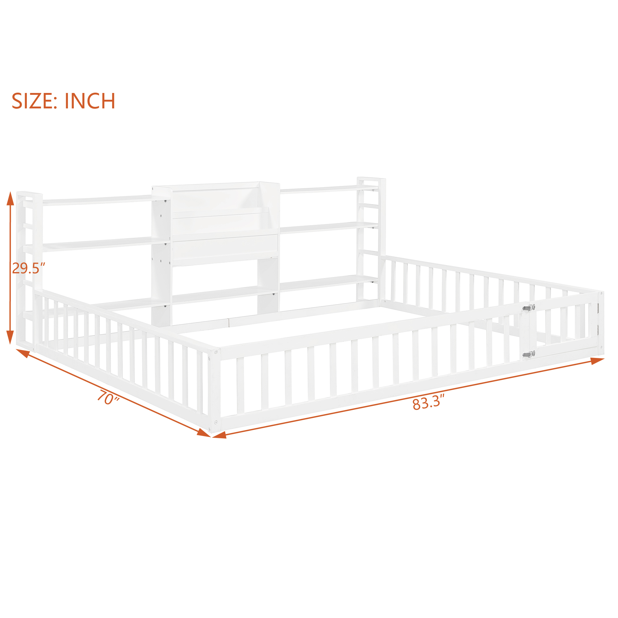 Queen Size Floor Fence Bed Frame with Bookcase and 3-Tier Storage Shelves
