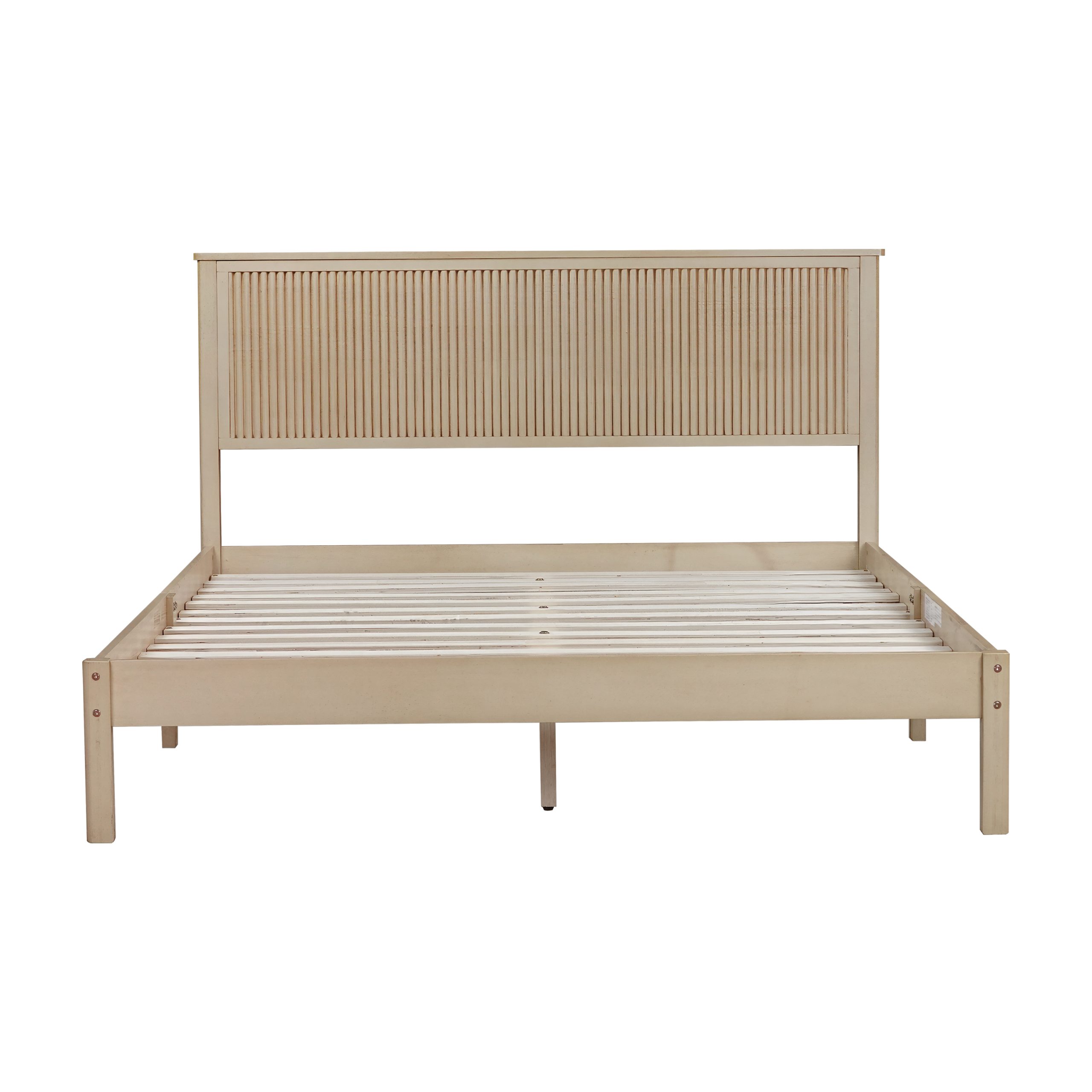 Queen Size Solid Rubber Wood Bed with Wave-Styled Headboard