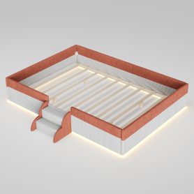 Full Size Upholstered Floor Bed with Fence, 2-Tier Steps and Smart LED Lights