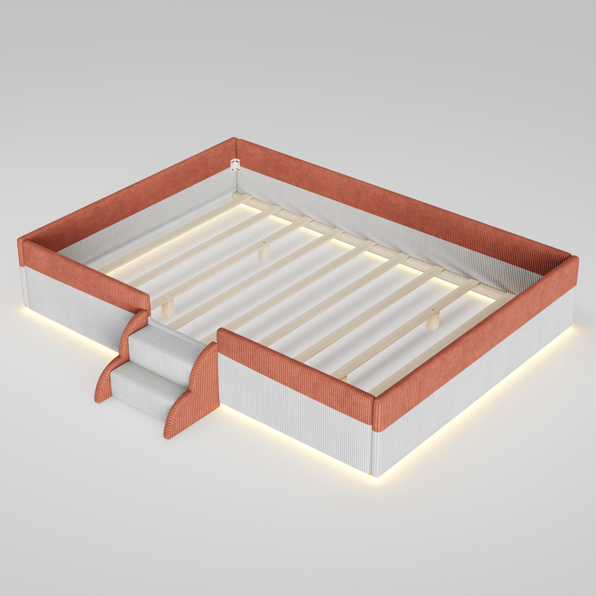 Full Size Upholstered Floor Bed with Fence, 2-Tier Steps and Smart LED Lights