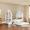 Full Size House Bed Frame with Pull-Out Trundle, Tail End Storage Shelves and Cool White LED Lights