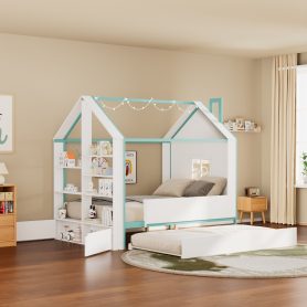 Full Size House Bed Frame with Pull-Out Trundle, Tail End Storage Shelves and Cool White LED Lights