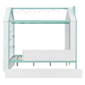 Full Size House Bed Frame with Pull-Out Trundle, Tail End Storage Shelves and Cool White LED Lights