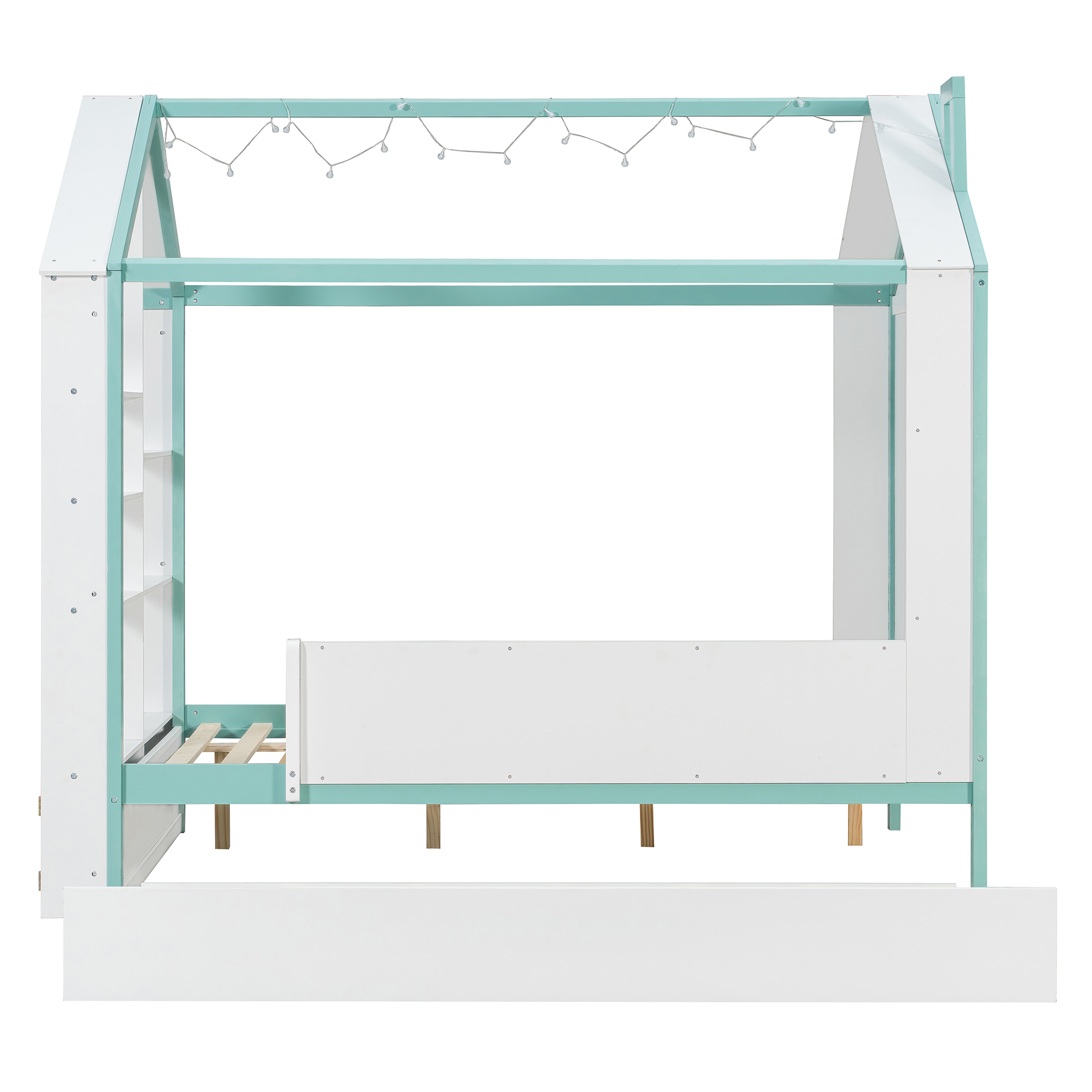 Full Size House Bed Frame with Pull-Out Trundle, Tail End Storage Shelves and Cool White LED Lights