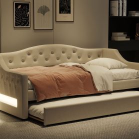 Upholstered Twin XL Size Daybed with LED Belt and Trundle