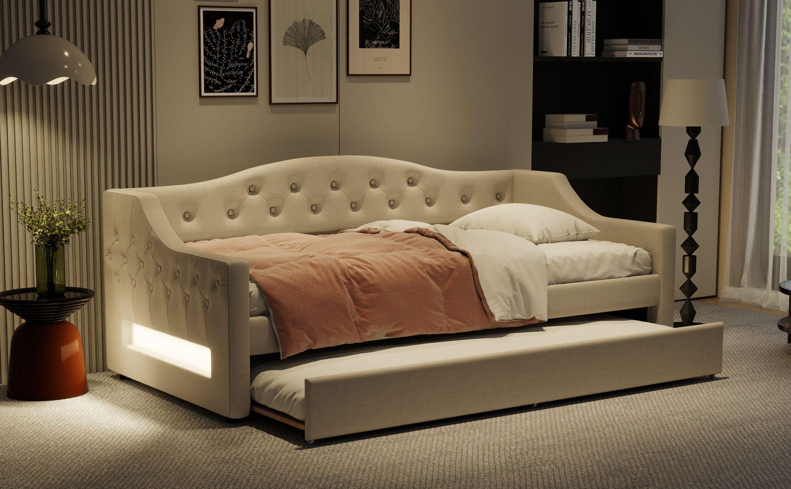 Upholstered Twin XL Size Daybed with LED Belt and Trundle