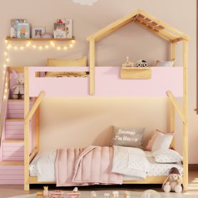 Full over Full House Bunk Bed with Stairs and 3-Color LED Lights