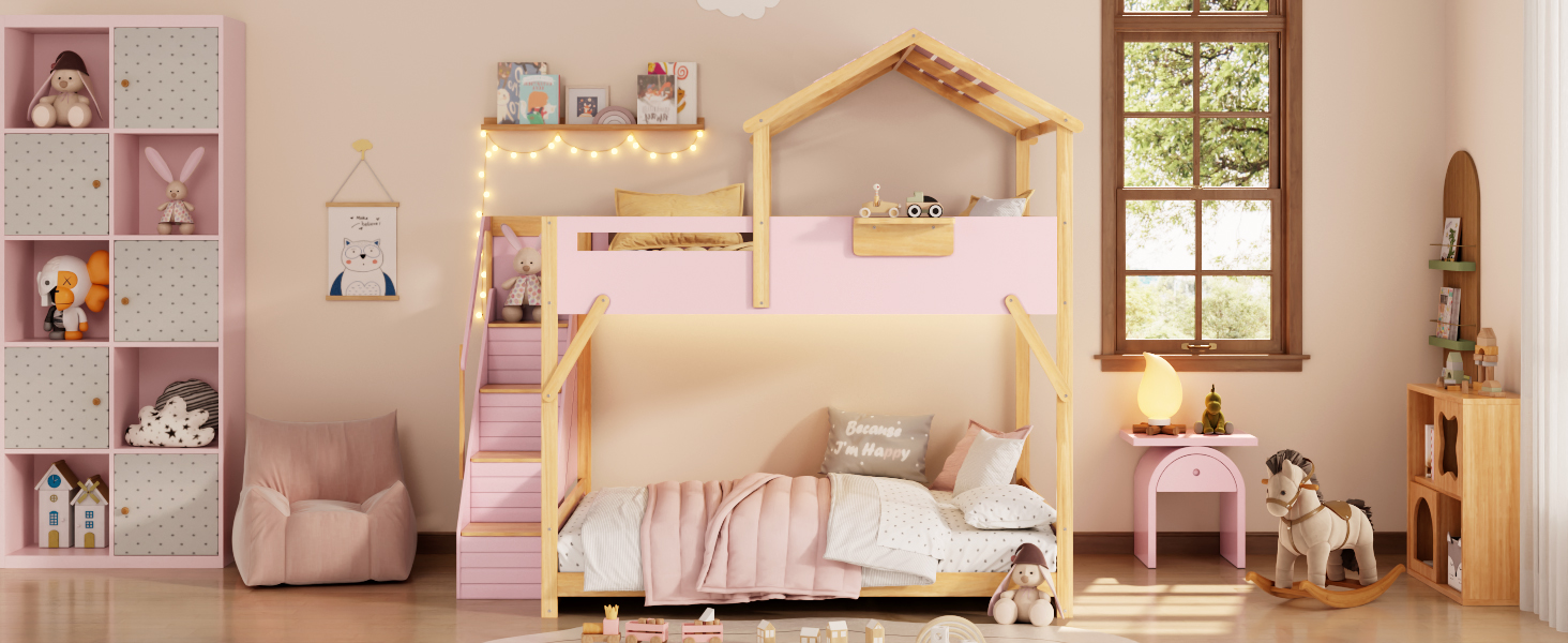 Full over Full House Bunk Bed with Stairs and 3-Color LED Lights
